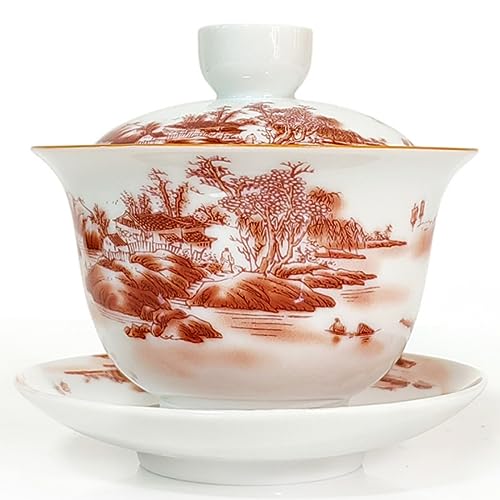NIUKOMY Gaiwan Porcelana 200 ML, Tradicional Taza de Té Kung Fu Cerámica, China Tazón de Té con Tapa y Platillo, Pintura Paisajista Rojo