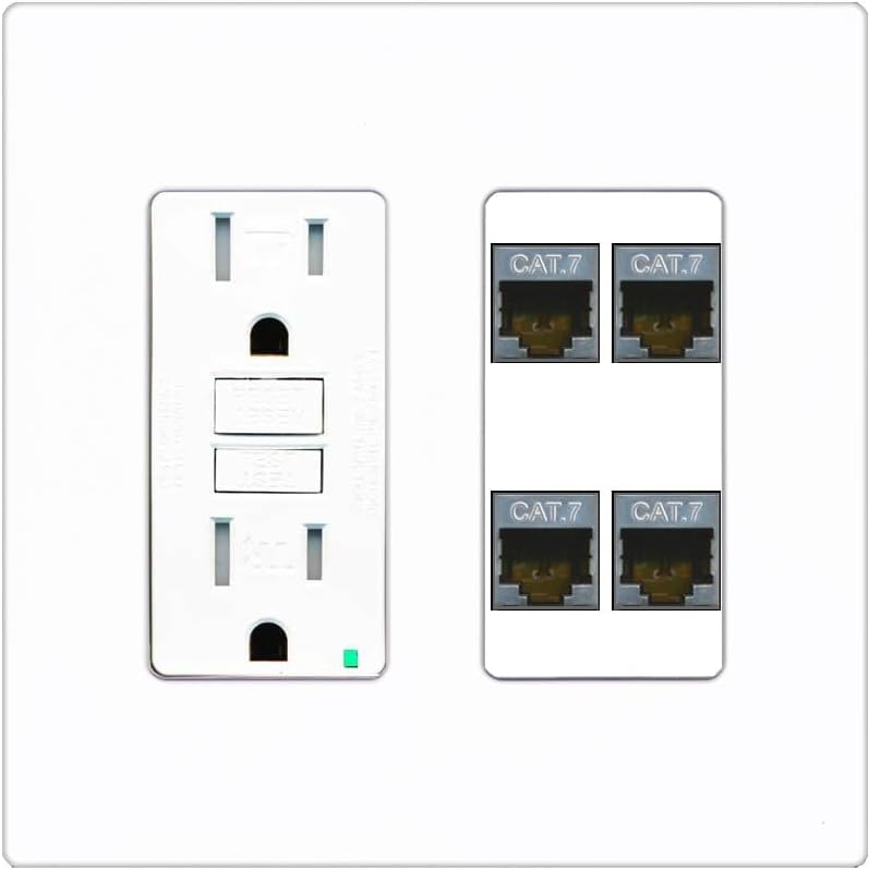 RiteAV 4 Port Cat7 Shielded Ethernet Wall Plate - GFCI Outlet [Screwless White]