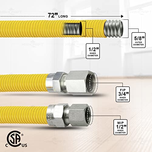 Gas Connector 72 Inch Yellow Coated Stainless Steel, 5/8” Od Flexible Gas Hose Connector For Gas Range, Furnace, Stove With 1/2” Fip X 3/4" Fip Stainless Steel Fittings, 72” Gas Appliance Supply Line #TOP1