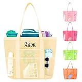 Ulico Personalized Pink Beach Bag Embroidered Name，Custom Large Mesh Tote Bag for Women, Foldable Shoulder Bags for Swimming Pools Travel Essential Sandproof(Khaki)