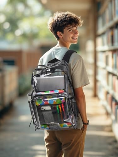 Image of Clear Backpack for School, 19 inch Large Heavy Duty-TPU See Through Bookbag for Boys Girls and Adult, Transparent Backpack With Multi-Pockets for College Work Gym Sport, Black