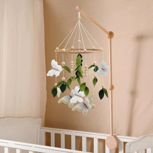 Image of Butterfly Mobile for Crib - A Beautiful Neutral Butterfly Handmade Crib Mobile with Green Leaves, White and Gold Detail