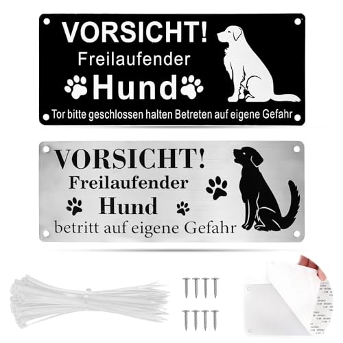 Vorsicht Hund Schild Warnschild für Freilaufenden Hund 25x9cm Selbstklebend Aluminium mit Löchern Schrauben Kabelbinder