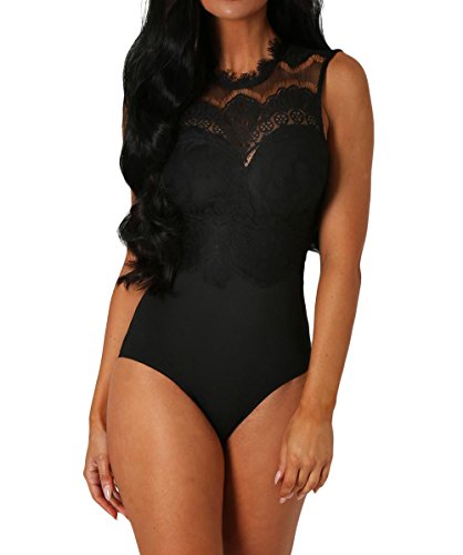May Story Women Lace Bodysuit Sleeveless Cut Out Back Leotard Tops Ladies Lingerie Backless Jumpsuit with Button UK 8-22