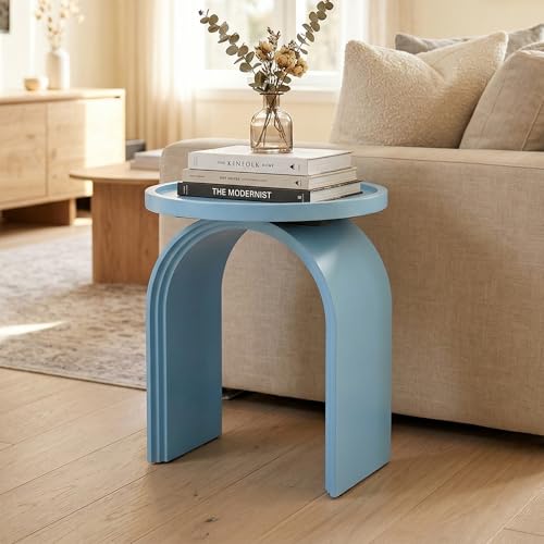 ROCITY Round Side Table Modern Wood End Table with Sturdy Base Small Blue Drink Table for Living Room Bedroom and Small Spaces