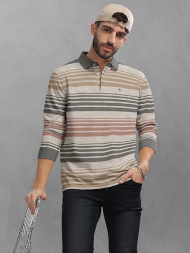Image of BULLMER Striped Textured Printed Polo Neck Fullsleeve T-Shirt with Rib for Men