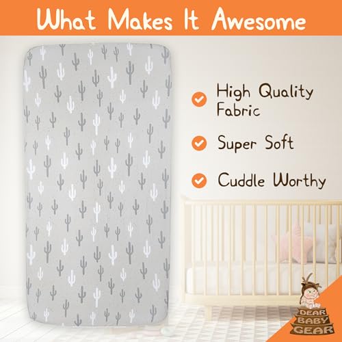 Image of Dear Baby Gear Deluxe Baby Crib Sheet - Cotton Polyester Infant Sheets - Soft Machine-Washable Crib Mattress Cover - Newborn Nursery Bedsheet - Gray and White Cactus on Tan Print, 52 inchx28 inchx10 inch