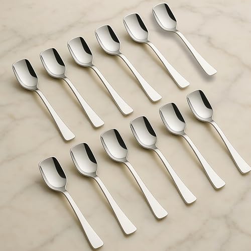 Image of Ice Cream Spoon Stainless Steel Set of 12 Icecream Spoons, Silverware Spoon Set, Dinner Spoon 14cm, Food Grade Silverware for Home & Kitchen, Durable Stylish, 12 Silver Spoons