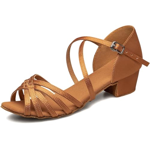 TUOTOM Girls Latin Dance Shoes Tan Low Heel Kids Ballroom Practice Salsa Tango Cha Cha Dance Shoes