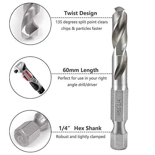 Saipe 5Pcs 1/4" Quick Change Hex Shank Metal Stubby Drill Bits Short Drill Bit Set Hss M2 For Right-Angle Drill Attachment And Used In Tight Spaces, 3/32, 1/8, 3/16, 1/4, 5/16-Inch #TOP1
