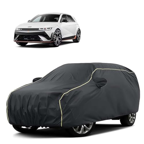 Image of Sulfar 100% Water Resistant Car Body Cover Compatible with Mirror for Hyundai IONIQ 5 (Triple Stitched, Full Bottom Elastic, Dark Grey Tafetta with Yellow Piping)