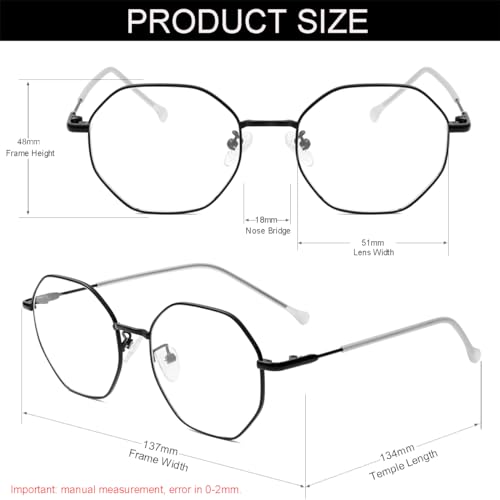 Image of Polygon Non Prescription Glasses for Women Men Vintage Octagon Square Metal Frame Eyeglasses (Black /Anti&bluelens), lenswidth
