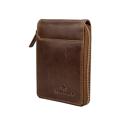 FINELAER Leather 9 Slot Vertical Credit Debit Card Holder Money Wallet Zipper Coin Purse for Men Women (Brown Stag)4