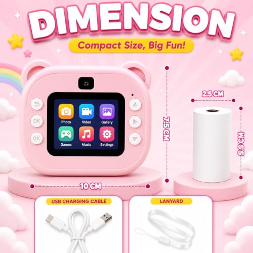 Image of Casaquin Camera for Kids with Print, Instant Print Digital Camera for Photography & Video, 2.4 inch Color Screen, Rechargeable Kids Camera with Games, Filters & 2 Paper Rolls -Random Color