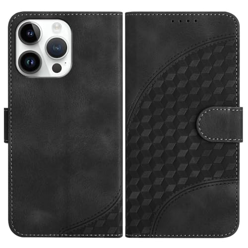 Étui en cuir iPhone 16 noir à rabat avec motif central élégant pour protéger votre smartphone
