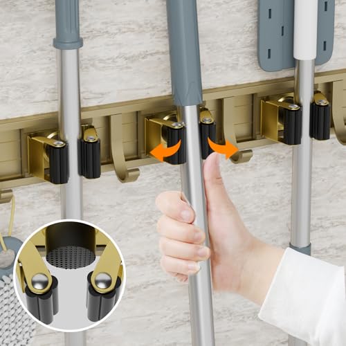 Image of reliahom Broom Holder Wall Mount Mop Hanger Tools organizer 5Racks 4Hooks