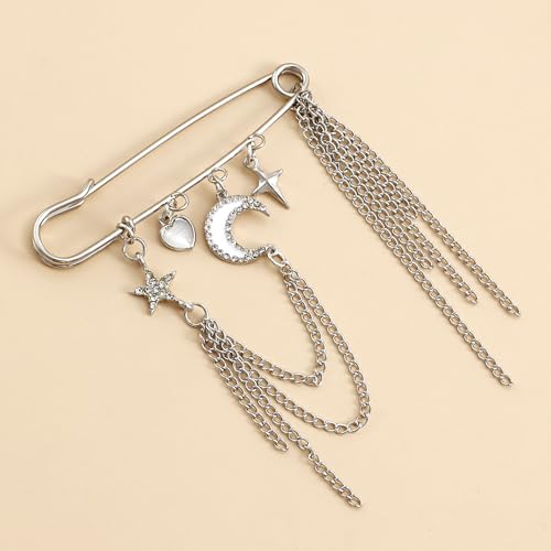 Image of Vintage Tiny Star Moon Brooches Pins Y2K Pins Jewelry Shining Shooting Star Opal Moon Heart Pendant Lapel Pin Women Safty Pin Fashion Clothes Accessories