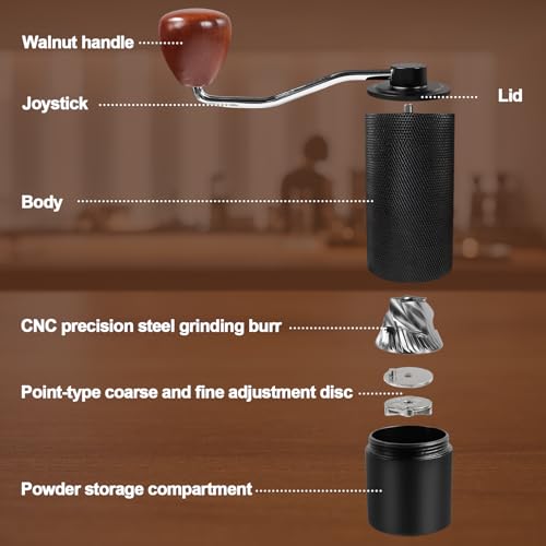Manual Coffee Grinder Non-Detachable Stainless Steel Conical Burr Aluminum Coffee Bean Grinder with 25 Grinding Settings Cleaning Brush Grindable Espresso Moka Pot French Press for Camping Black - Thumbnail 4