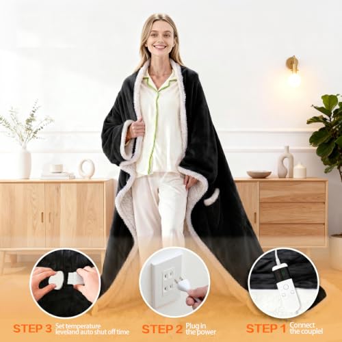 Image of Wearable Heated Blanket With Sleeves & Foot Pocket, Heated Throw Blankets Fast Heating Blanket With 10 Heat Settings Auto Shut Off Over-Heat Protection-Warm Gift, Machine Washable, 52 inch*72 inch+18 inch