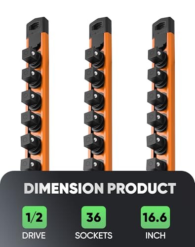 Image of ALOANES Magnetic Socket Organizer Set, 3-Piece Heavy Duty Aluminum Socket Rails, 360 Swivel Clips Socket Rail Kit for Tool Tray Drawer Fit 1 /2-Inch x 36 Clips (Orange, 3PC)