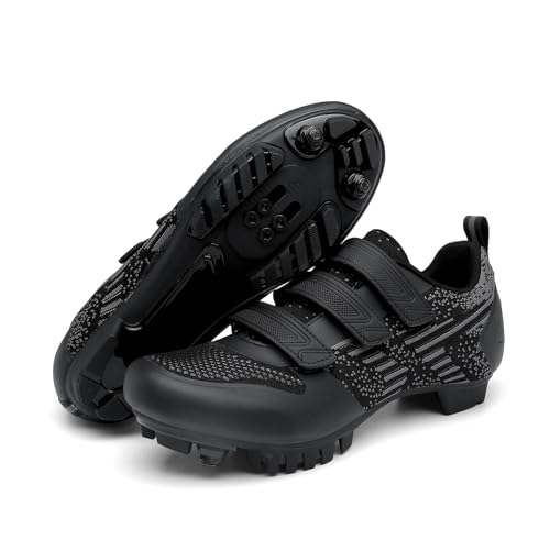 ENEN Zapatillas de Ciclismo para Hombre Mujer, Gancho y Bucle MTB Zapatos Bicicleta de Montaña, Zapatillas de Bicicleta de Carretera Compatibles SPD Lock (Negro Gris,39)