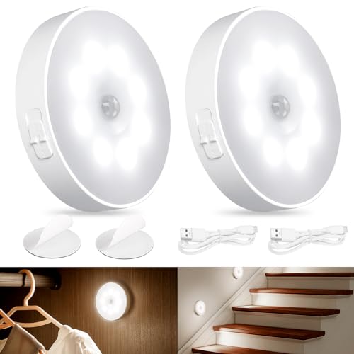 AiQInu Luz Nocturna, 2 Piezas Luz Con Sensor De Movimiento, Luz Led Con 3 Modos (Auto/On/Off), Luz Nocturna Led USB Recargable, Para Pasillo, Escalera