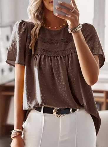 Image of Falechay Womens Summer Tops Crewneck Short Sleeve Shirts Casual Chiffon Blouses Flowy Lace Hem Boho Clothing Trendy 2026