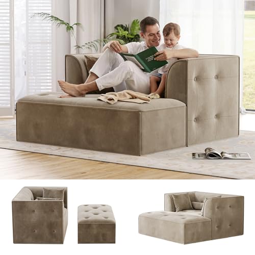 Image of Claiks 62 inch Chaise Lounge Chair Indoor, Oversized Upholstered Boneless Sofa Bed, Deep Seat Sleeper Couch with Pillows, Ottoman and Armrest, Cloud Sofas Reading Chair for Living Room, Khaki