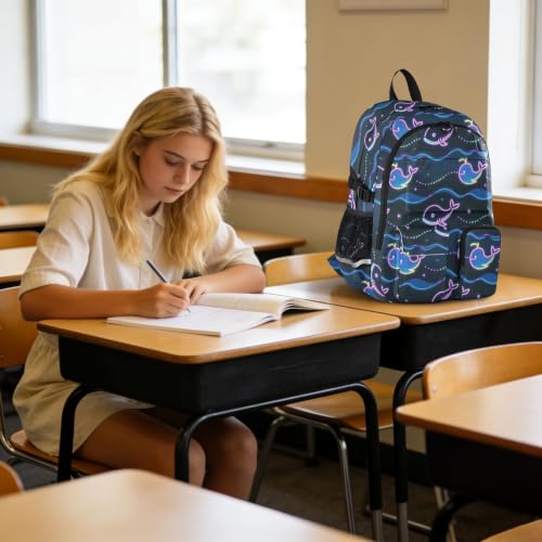 Mochila de viaje grande de ballena azul y ondas para libros escolares de niñas 6