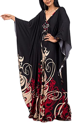Womens Swimsuit Cover up Black Red Kafan Dresses Turkish Caftan Silk Wrinkle Floral Print Plus Size Kaftans Batwing Sleeve Oversized Dress Caftans Lounge wear Maxi Beach Dress 8693-10
