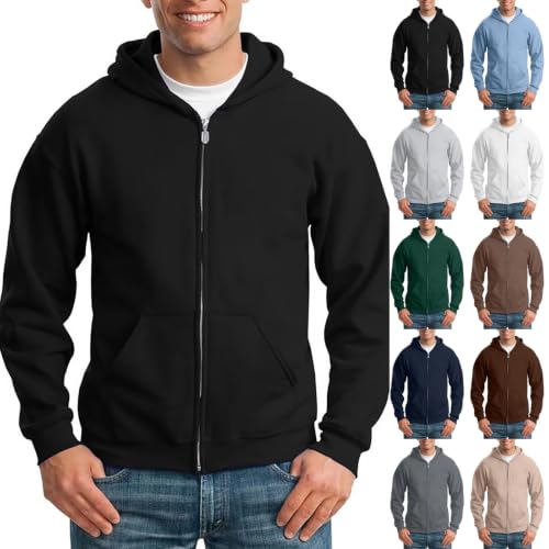 Image of Zipped Hoodies For Men Uk Lightweight,Solid Color Classic Mens Hoodies Zip Up,Oversized Comfortable Hoody Jackets For Casual Sports Running Fitness,Men'S Hooded Sweatshirts Black