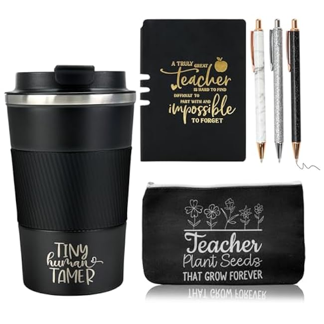 6 Pcs Tiny Humans Tamer Teacher Appreciation Gift Bulk 12oz Insulated Graduation Thank You Coffee Mug with Lids Leather Journal Pens Canvas Makeup Bag for Daycare Gift (black)