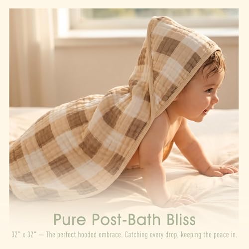 Image of Ultra-Soft Muslin Baby Towel - 32 x 32 Inches, Ideal for Bath & Beach, Suitable for Both Boys & Girls from Newborns to Toddlers(Beige Coffee Plaid)