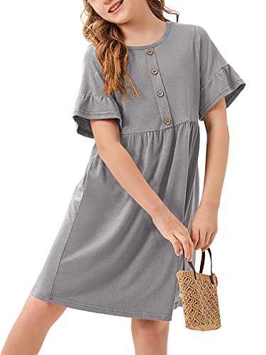 Foshow Girls Short Sleeve Midi Dresses Kids Casual Crew Neck Button Down Summer Dress With Pockets 7-14 Years Grey #TOP7