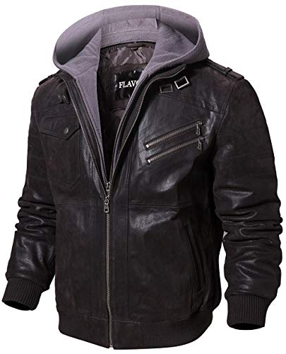 Image of FLAVOR Men Brown Leather Motorcycle Jacket with Removable Hood | Genuine Leather, Removable Hood, Windproof, Multi Pockets, Fall Winter Coats, Riding and Daily Wear, Moto Biker Jacket Men