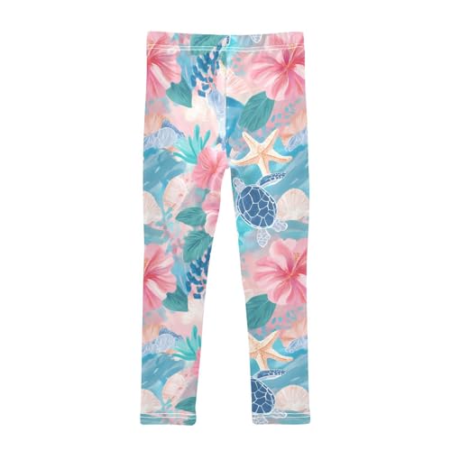 Sea Turtle Starfish Coral Floral Girls Leggings Ultra Soft Compression Yoga Gym Pants for Kids 4-10T2