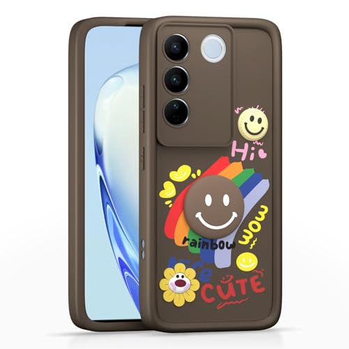 Image of Pikkme Back Cover for Vivo V27 5G / V27 Pro 5G | Soft Silicone| Cute Rainbow Smile & 3D Cartoon Flower Design | Shockproof Raised Camera Protection Bumper Case (Brown)