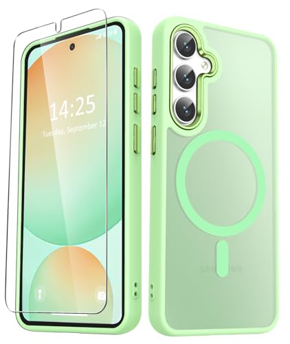 Image of YENAPOON for Samsung Galaxy S25 Case, Matte Magnetic Phone Case with 1 Screen Protector, Support for Magsafe, Translucent Frosted Shockproof Protective Cover for Samsung Galaxy S25, Mint Green | Matte