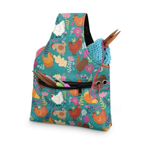 Image of KUIFORTI Boho Yarn Bag Cute Chicken Knitting Needles Holder Bag Yarn Project Bag Needlework Tool Tote Bag with Front Zipper Pocket Lightweight Casual Shopping Handbag Small Size