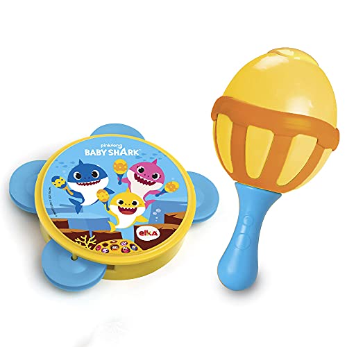 Maraca e Pandeiro - Baby Shark, Elka, Maraca Amarelo/Laranja Com Cabo Azul/ Pandeiro Amarelo Com Gui