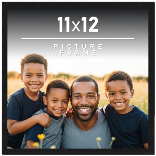11x12 Frame Black Picture Frame - Complete Modern Photo Frame Includes UV Acrylic Shatter Guard Front, Acid Free Foam Backing Board, Hanging Hardware Wood Wall Frames for Family Photos - no Mat