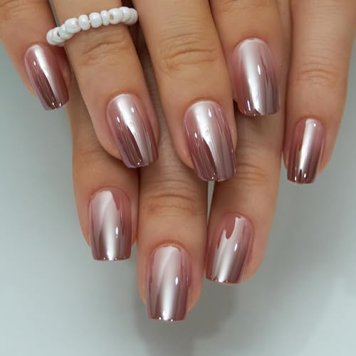 Image of CurvLife Press on Nails Medium Square Acrylic Fake Nails with Apricot Design Full Cover False Nails Glossy Nude Glue on Nails Artificial Stick on Nails for Women (Brown Pearl)