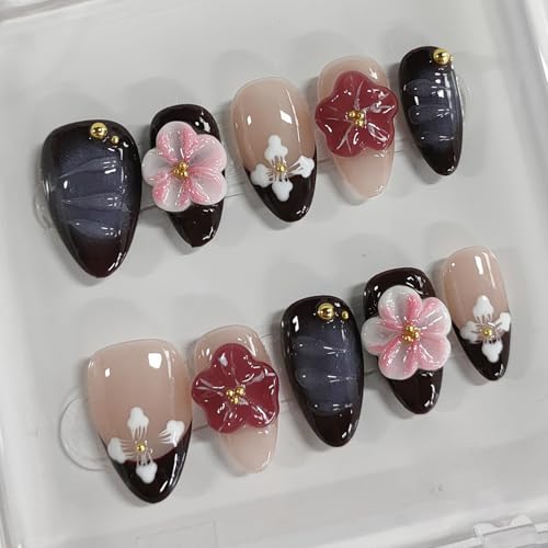 Handmade Press on Nails Almond Short 3D Floral Nails French Tip T...