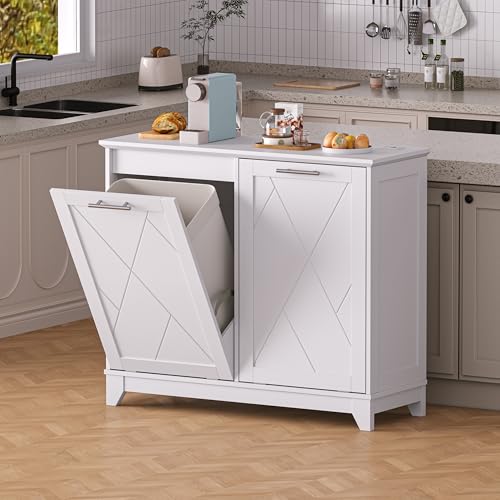 Image of Double Tilt Out Trash Can Cabinet with Charging Station, Negative Ion Odor Control, Hidden Dual 10-Gallon Recycling Cabinet, Dog Proof Garbage Can for Kitchen, Laundry, Dining Room,White