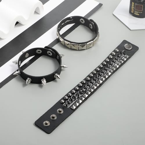Giantree Punk Rock Leather Bracelets, 3 Pcs Punk Rock Studded Bracelet Spiked Leather Cuff Bracelet for Men Women 80s Wristband Adjustable Wrap Wrist Cuffs for Halloween Party Favors