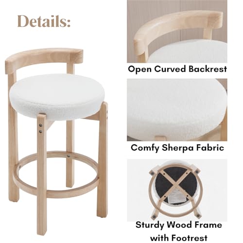 Image of LukeAlon Sherpa Counter Stools Set of 4, Mid Century Upholstered 26.5 inch Seat Height Low Barstools with Natural Wood Legs Round Low Back Kitchen Stools with Footrest for Dining Room, White