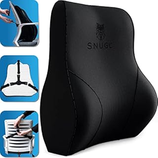 SNUGL Back Support Cushion - Full Lumbar Support for Office Chair and Car Seat - Premium Memory Foam - Secure 3 Straps Locking and Non Slip Back Layer - Ideal Home Office Furniture Accessory - Black