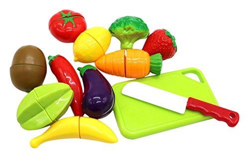 Little Treasures Kids Play Cutting Fruits and Vegies Toy Small Set Pretend Food Playset Fruit Pieces to be Sliced up with Knife and Cutting Board, Multicolored, 12 Piece