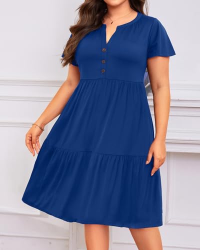 Image of Plus Size Summer Dress Casual Short Sleeve Button Midi Sun Dresses Women