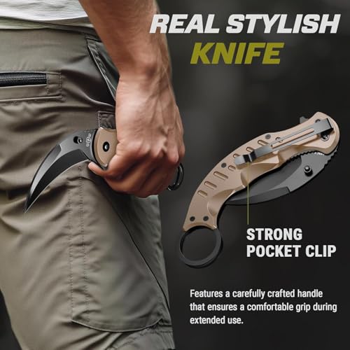 Image of GOOD WORKER Tan Karambit Folding Knife for Men - Military Sharp Tiger Claw Blade - Pocket & Folding Knives for Hunting Camping EDC - Birthday Gifts Ideas for Dad Husband Boyfriend X-42 T